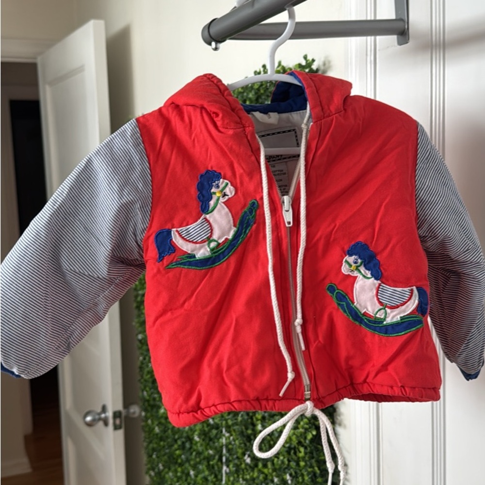Vintage Red Hooded Jacket with Rocking Horse Appliqué